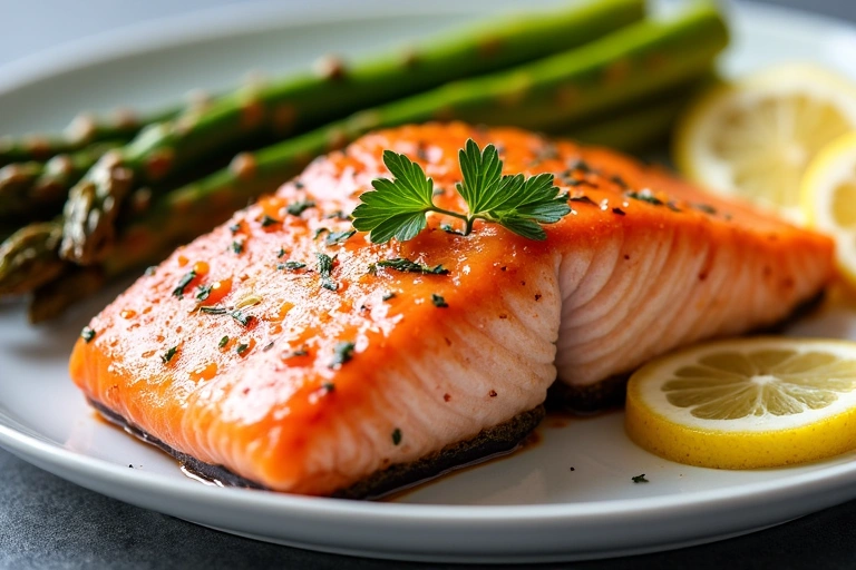 Un piatto di salmone al forno con asparagi e limone, che simboleggia una scelta alimentare sana per la gestione del colesterolo.