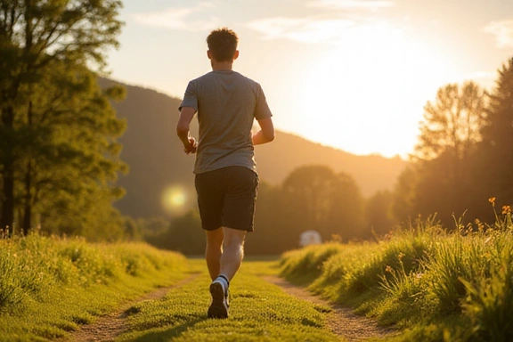 Una persona che fa jogging all'aperto, con un paesaggio verde e soleggiato sullo sfondo, che rappresenta l'attività fisica e il benessere.