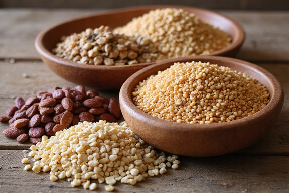 Varietà di legumi e cereali secchi in ciotole di legno